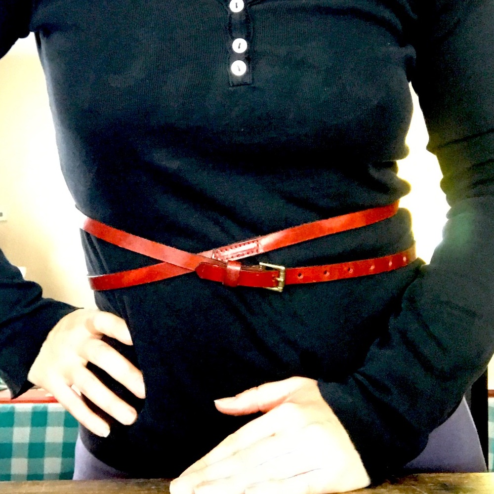 Vintage skinny belt 90s brown leather double wrap